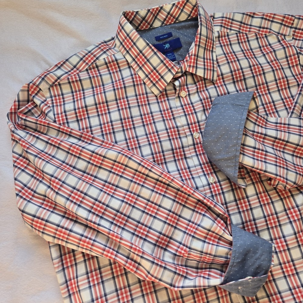 Egara Non-Iron Plaid Dress Shirt Men's XXL Long Sleeve Cotton Red Blue White
